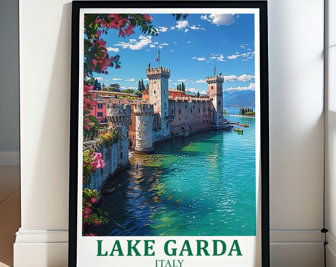 Lake Garda Italy Scaligero Castle Daytime Travel Scene Poster