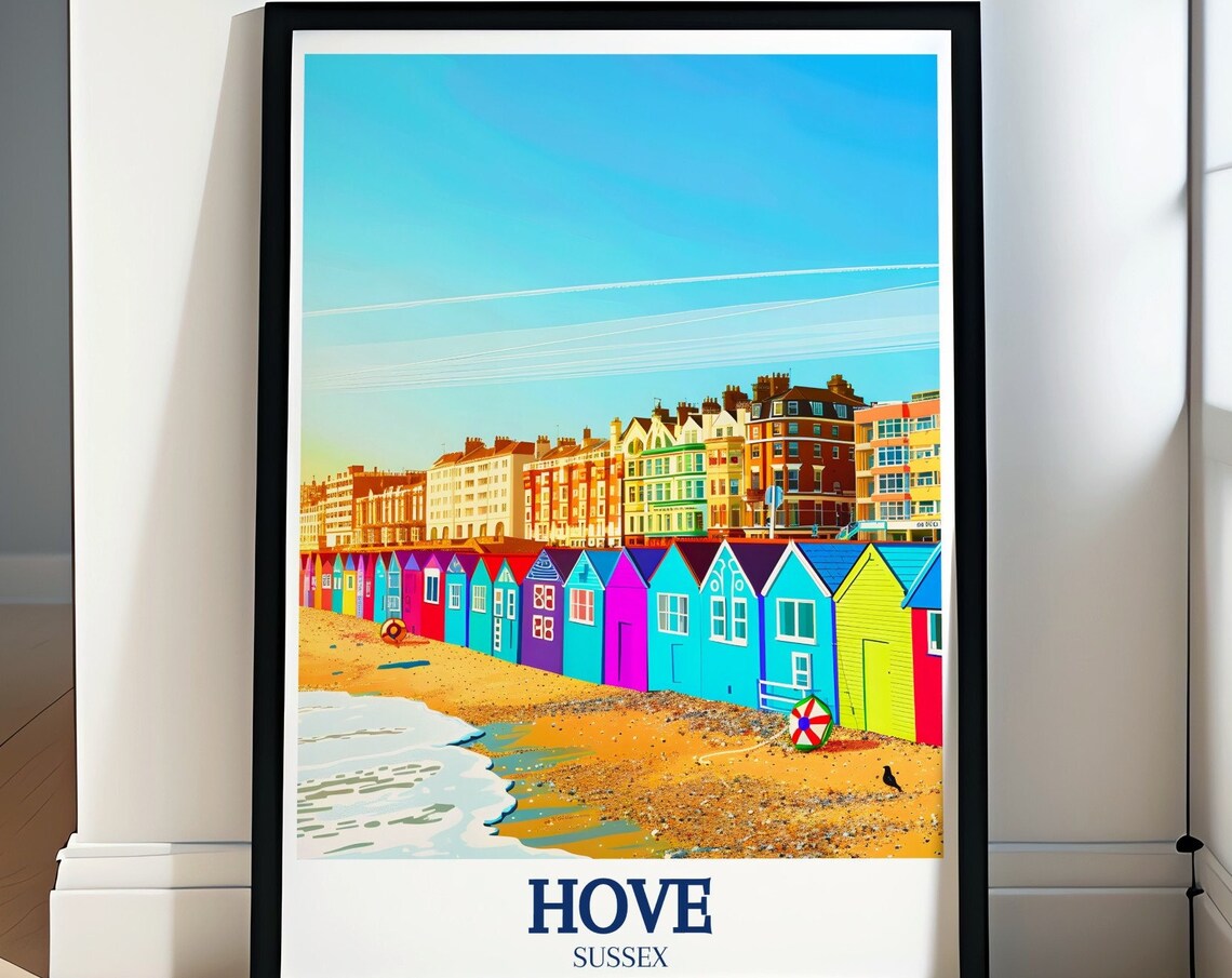 Hove Beach Huts Row Pastel Seafront Cottages Sunny Beach Poster