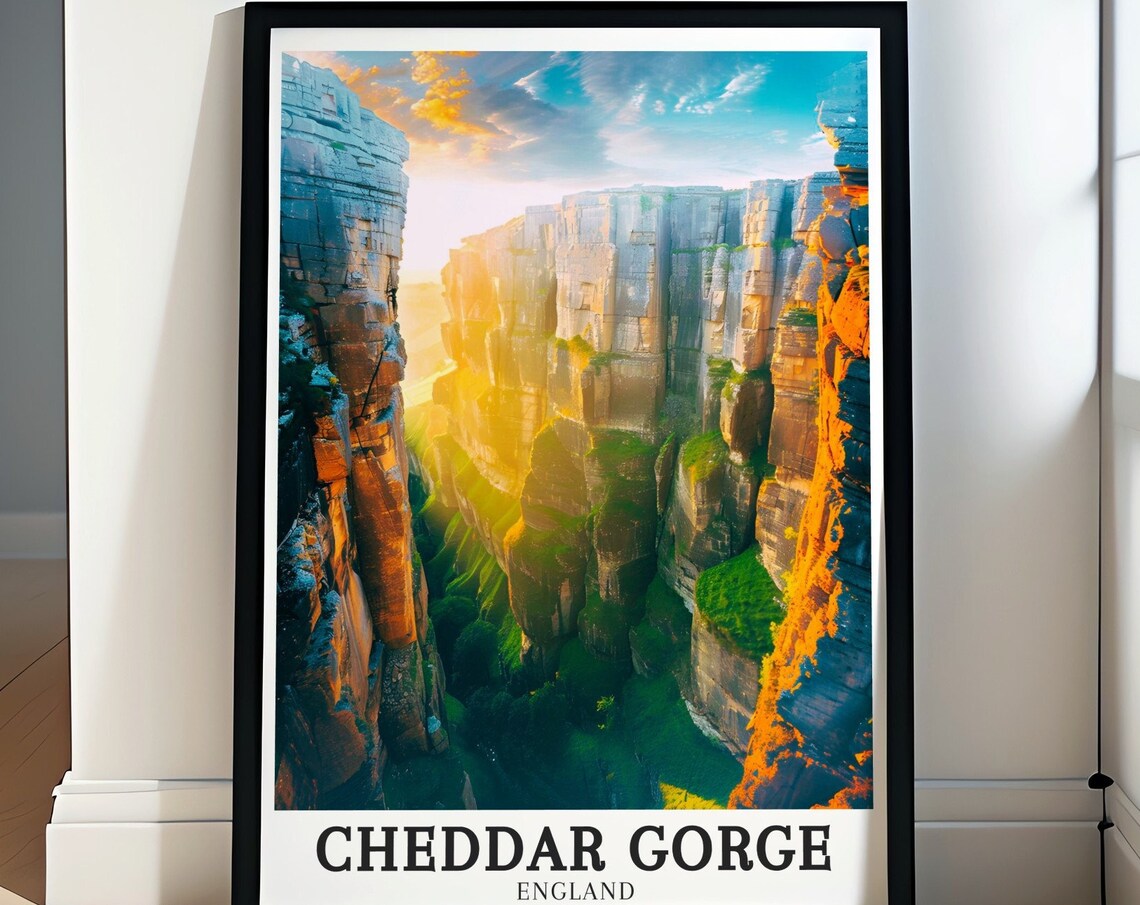 Cheddar Gorge England Sunset Golden Cliffs Canyon Travel Poster