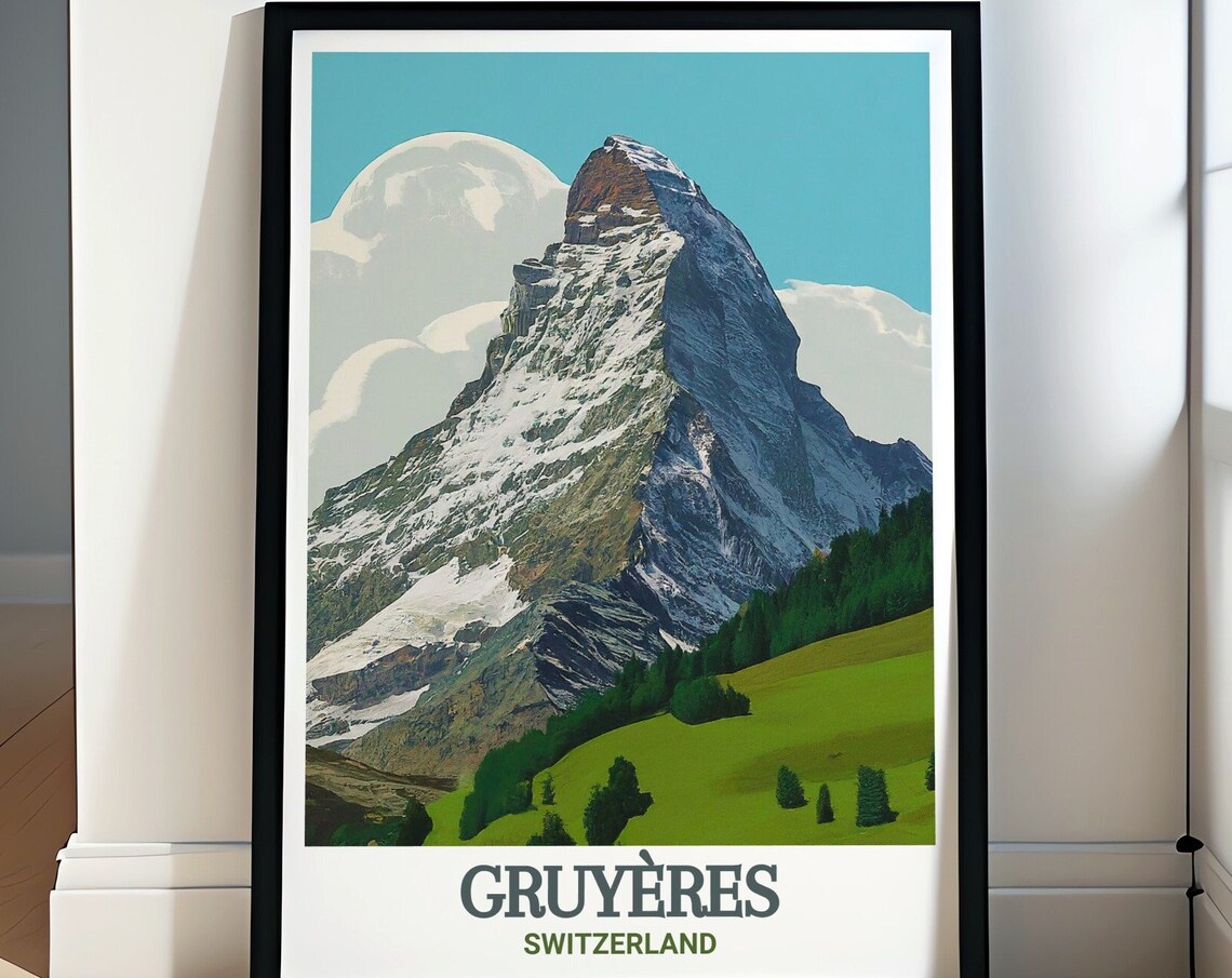 Gruyeres Switzerland Snowy Alpine Peak Vintage Travel Poster