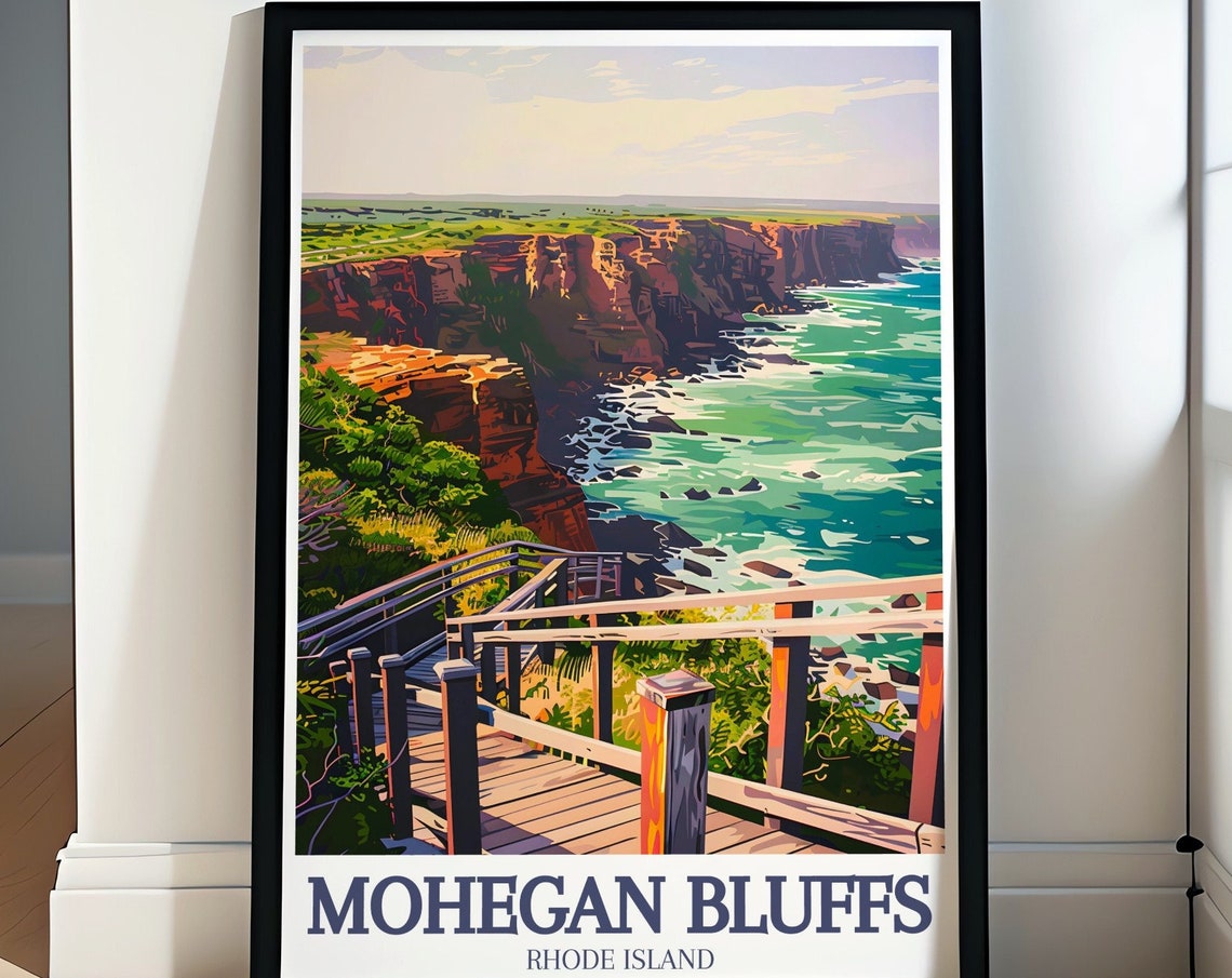 Mohegan Bluffs Rhode Island Cliff Stairs Over Ocean View Poster