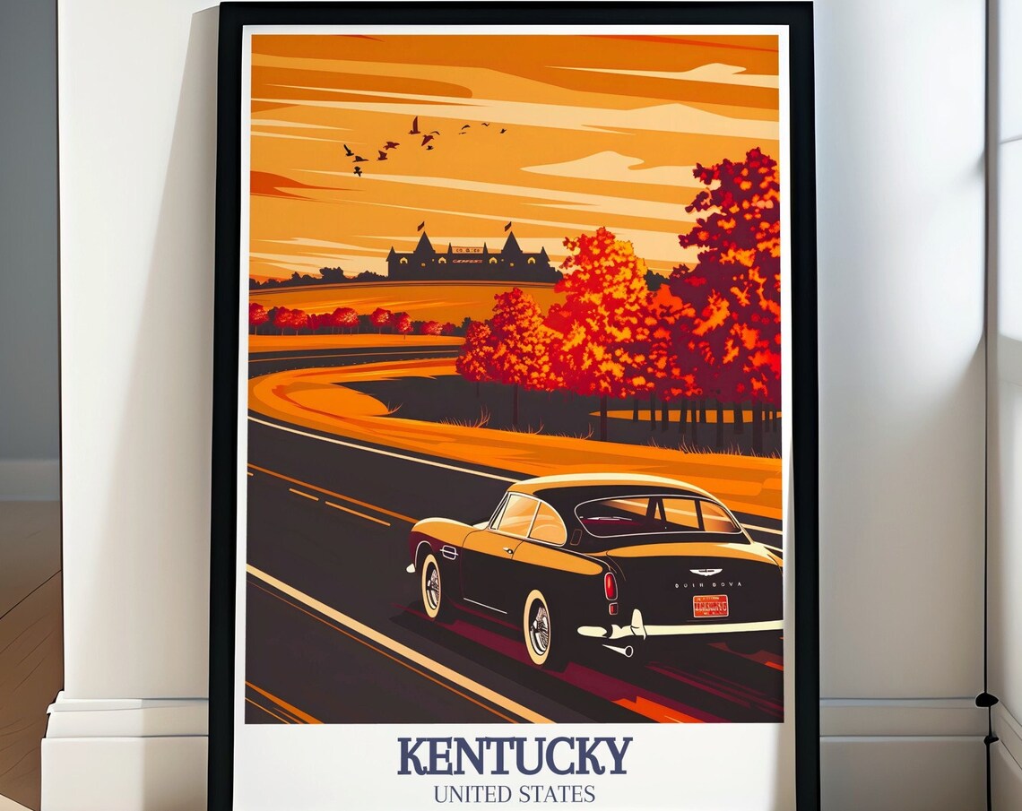 Kentucky Vintage Black Sports Car Autumn Sunset Road Travel Poster