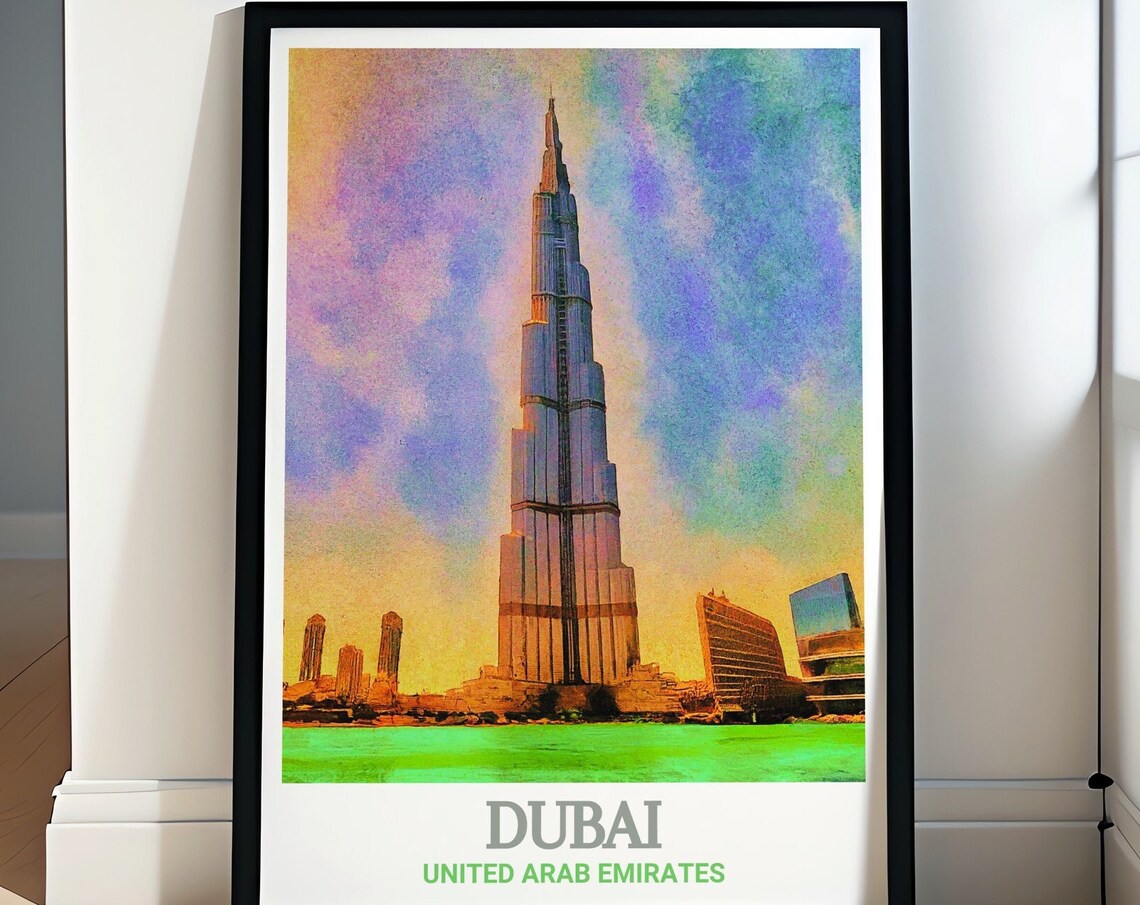 Dubai Burj Khalifa Sunset Watercolor Skyline UAE Travel Poster