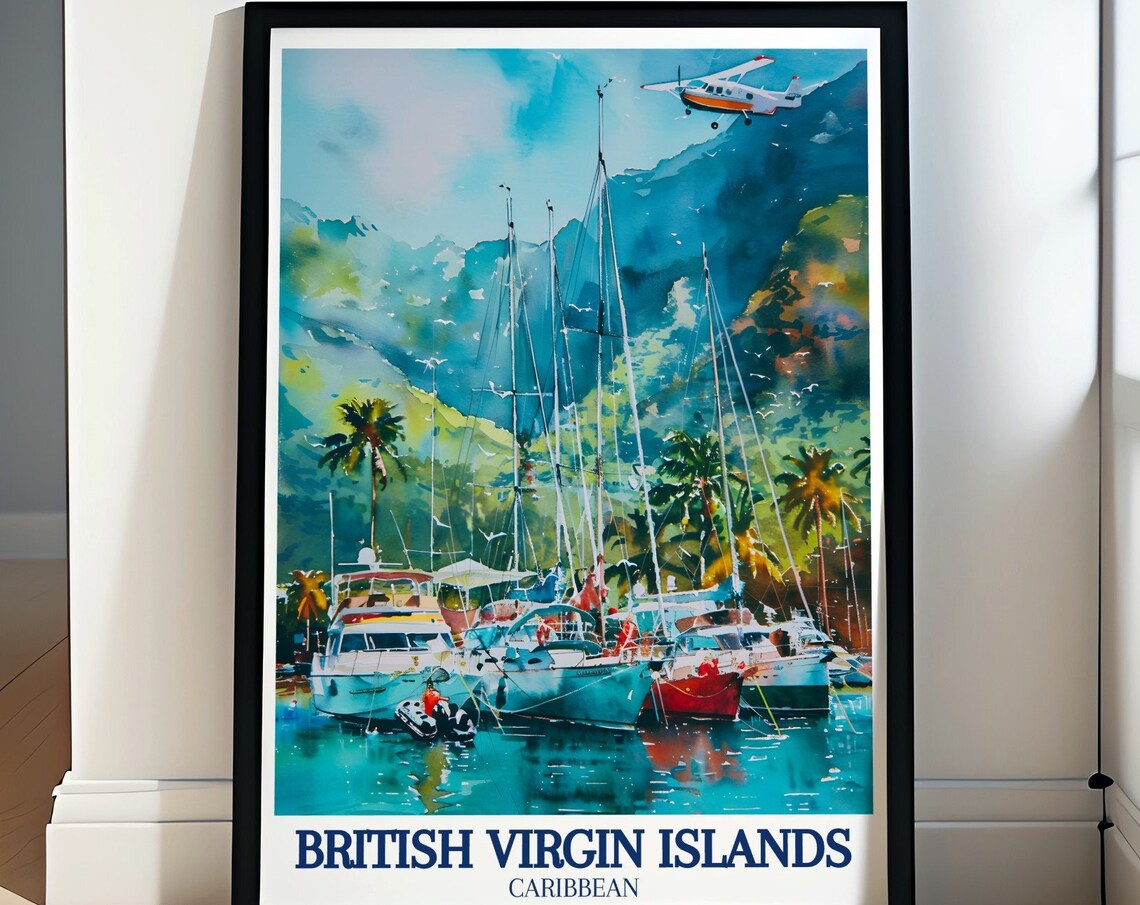 British Virgin Islands Marina Poster Sailboats Seaplane Watercolor