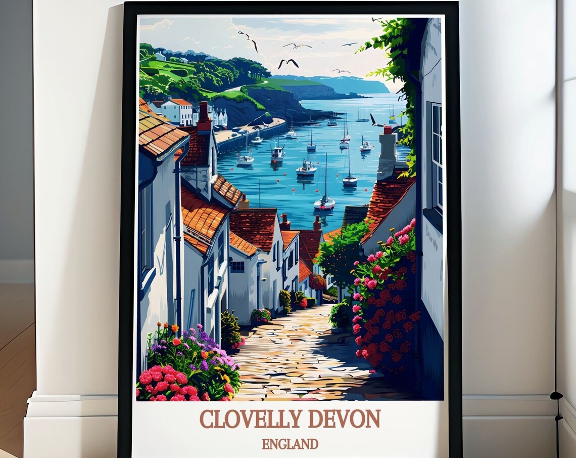 Clovelly Devon England Harbor Village Cobblestone Street Boats Poster