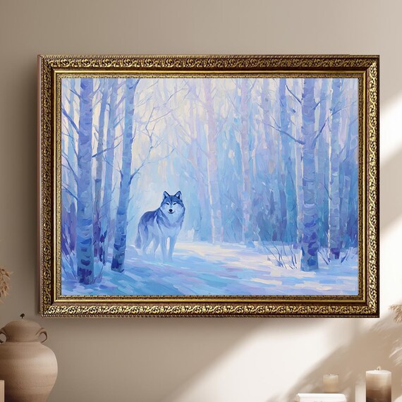 Blue Winter Wolf Forest Art Print Snowy Woods Lone Painting Mystical Animal Wall Decor For Cabin Or Nature Lover