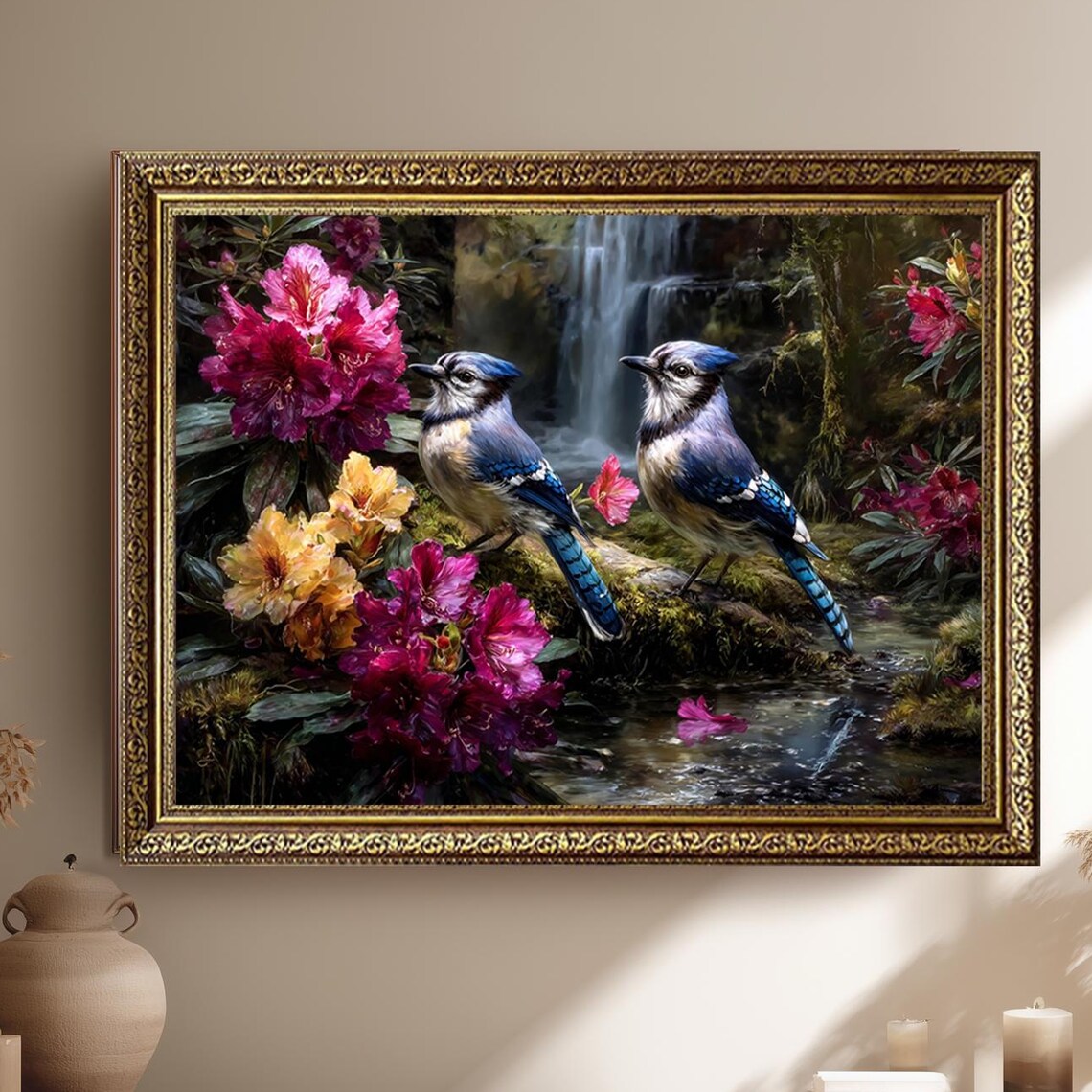 Pair Of Blue Jays Among Pink Rhododendron Blooms Waterfall Poster