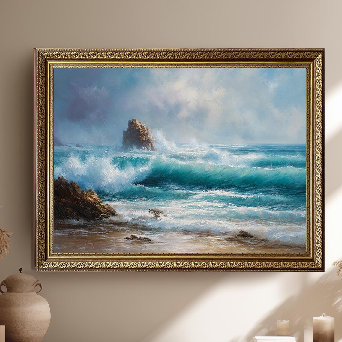 Coastal Ocean Waves Crashing Rocks Seascape Oil Painting Poster