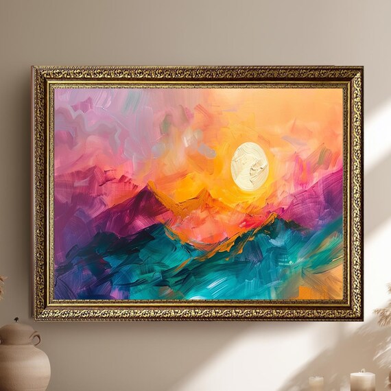 Colorful Abstract Sunset Mountain Canvas Wall Art Vibrant Brush Stroke Landscape With Bold Sun Modern Expressionist Nature Decor Print