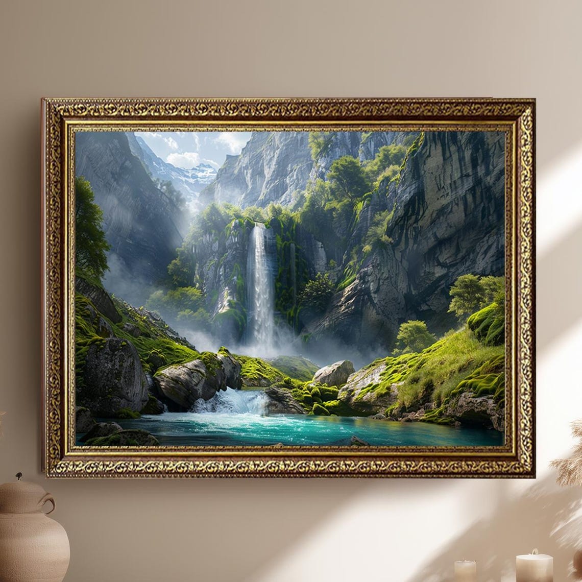 Misty Mountain Waterfall Forest Stream Turquoise Pool Poster