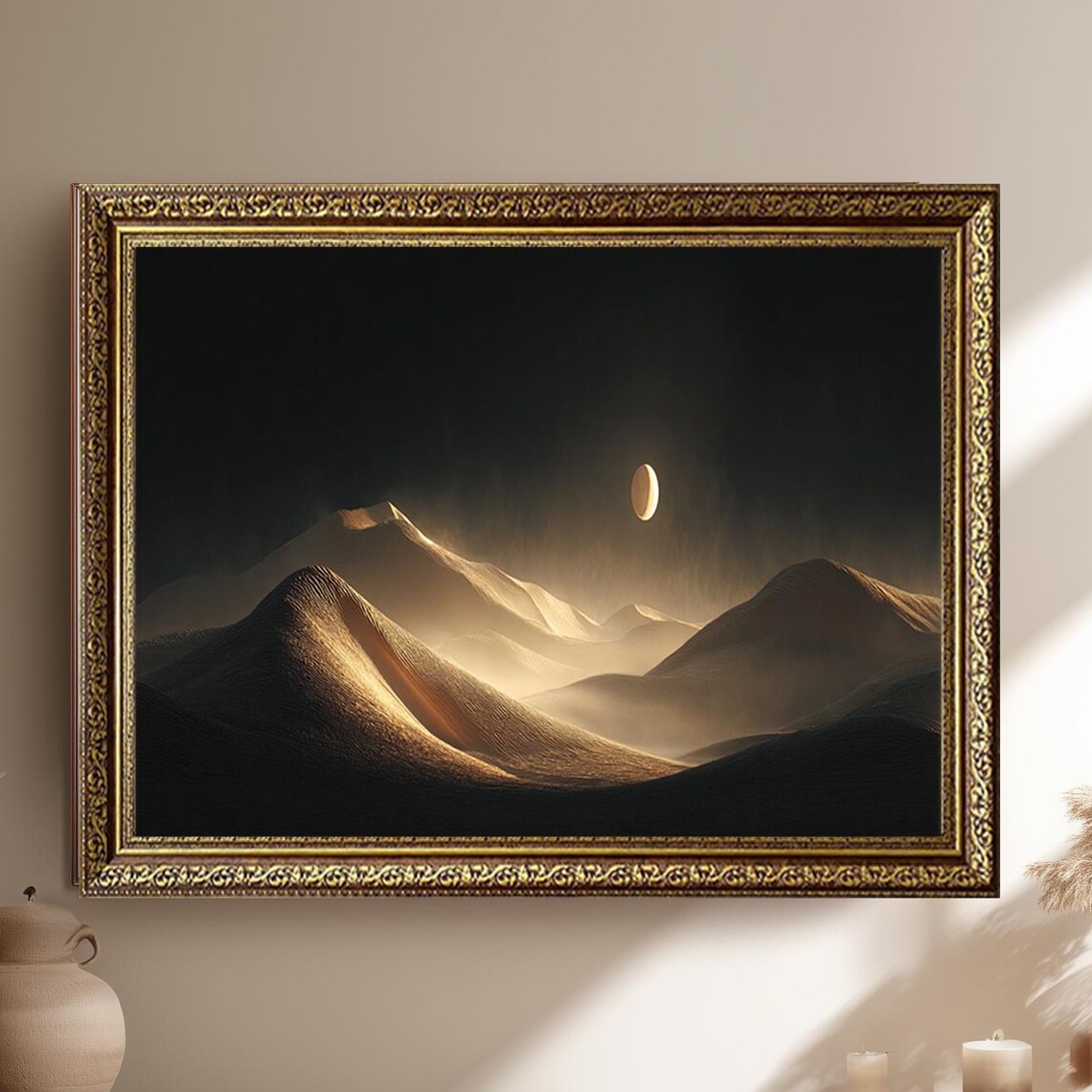 Golden Desert Dunes Under Night Sky Moon Mystical Landscape Poster