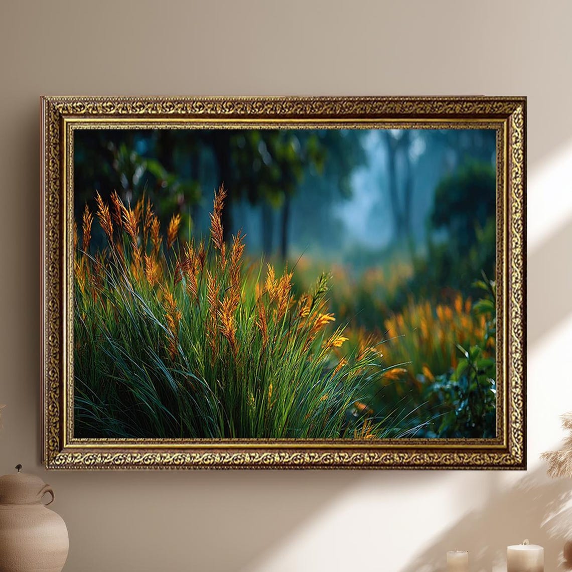 Golden Grass Meadow Morning Mist Rustic Botanical Landscape Poster