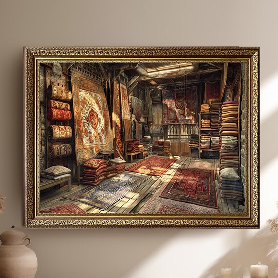 Oriental Rug Shop Vintage Carpet Bazaar Rustic Interior Scene Poster