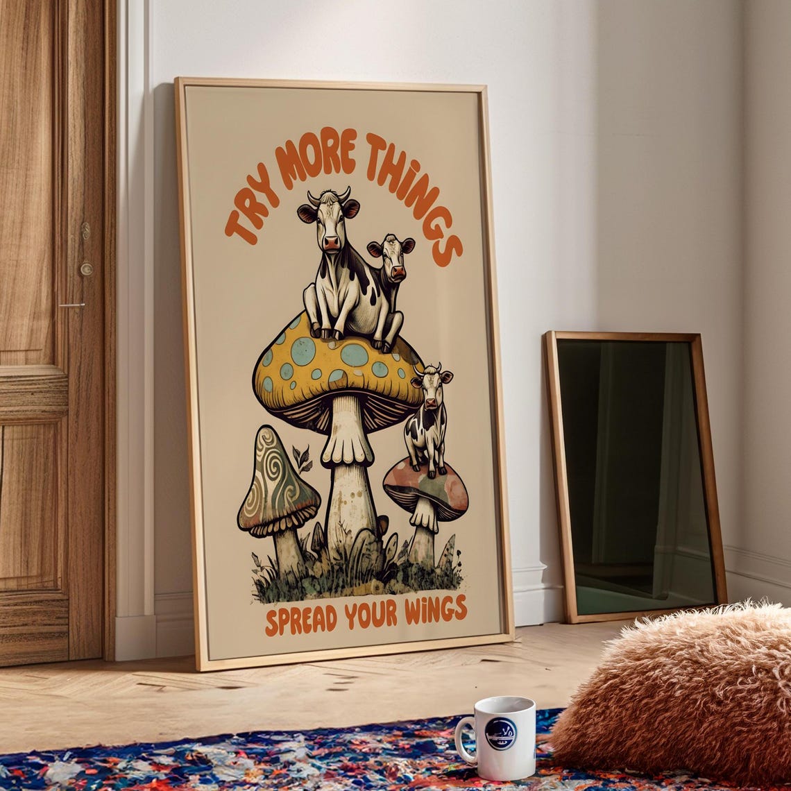Highland Cows On Mushrooms Try More Things Inspirational Art Poster - Image 4
