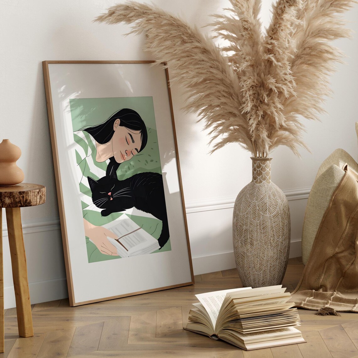 Girl Sleeping With Black Cat Green Japanese Retro Style Art Poster - Image 2