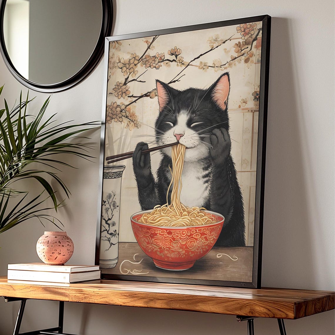 Black And White Cat Slurping Ramen Red Bowl Kawaii Art Poster - Image 3
