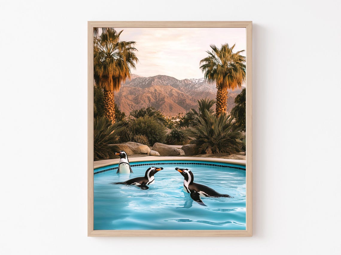 Three Penguins Swimming in a Sunset Palm Springs Pool Poster