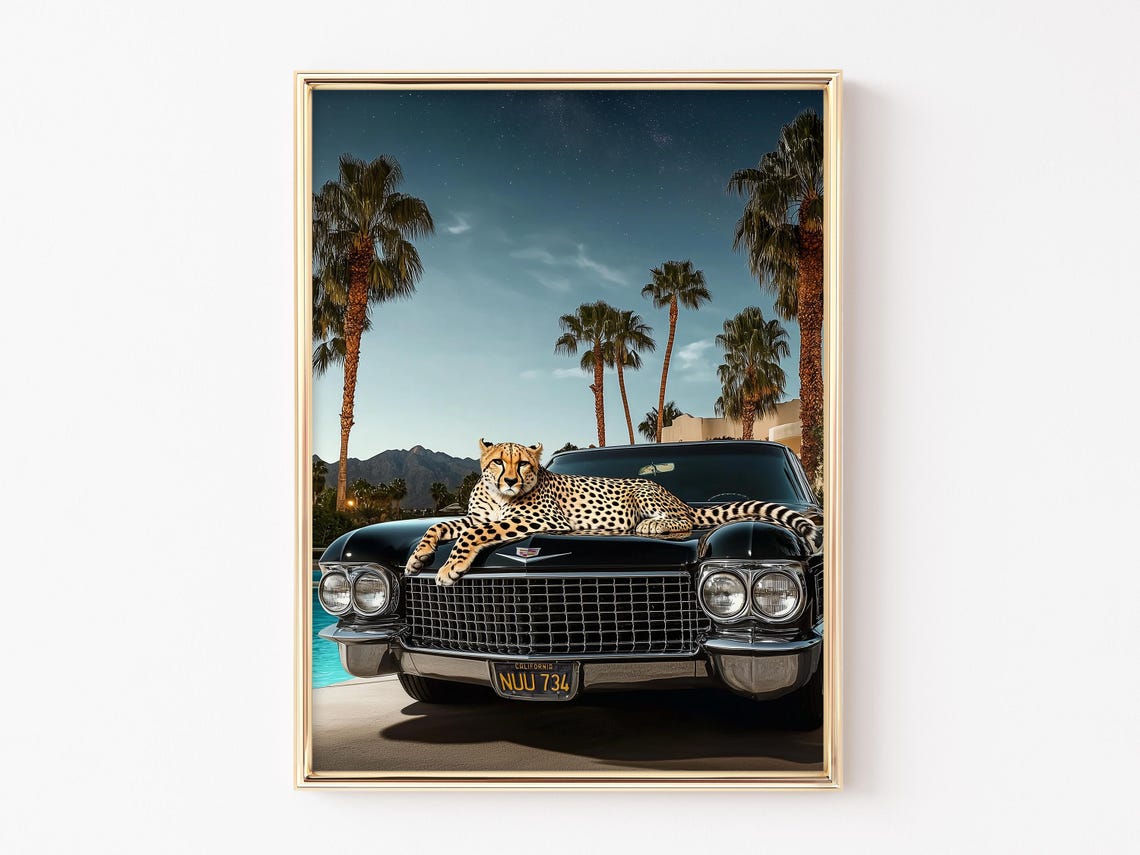 Cheetah Lounging on a Black Vintage Cadillac Hood at Dusk Poster