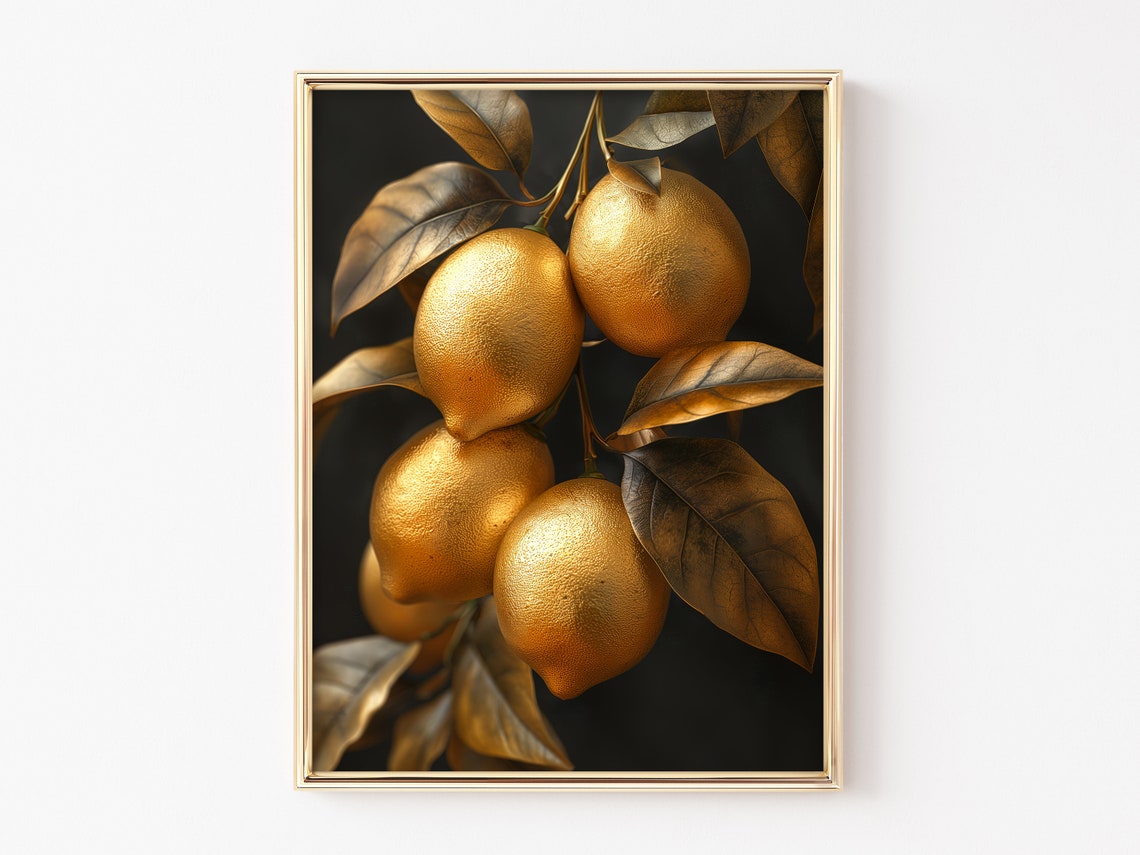 Gilded Golden Lemons On Branch Black And Gold Kitchen Wall Art