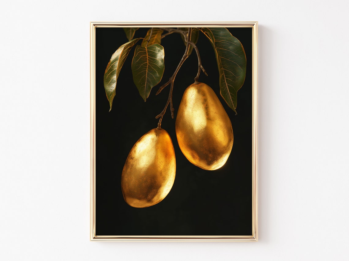Luxurious Golden Mangoes Hanging from a Branch on Black Poster