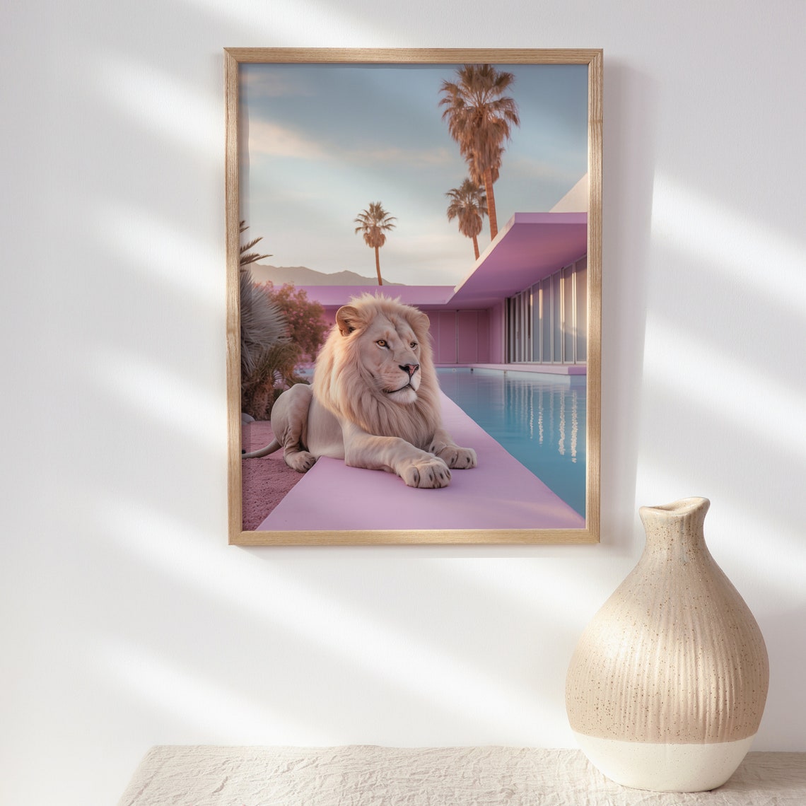 Surreal White Lion Lounging by a Pink Modern Villa Pool Poster - Image 2