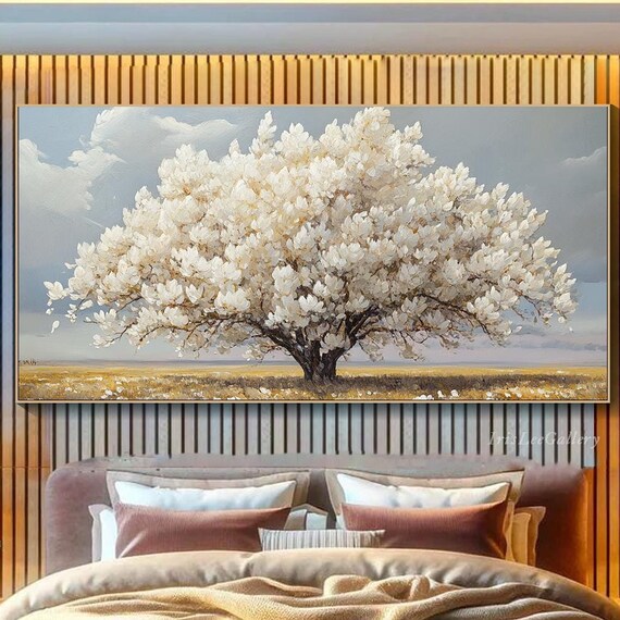 Original White Tower Tree Painting On 3d Textured Wall Art Large Texture Look Blooming Tree Art Living Room Wall Art Minimalist Decor