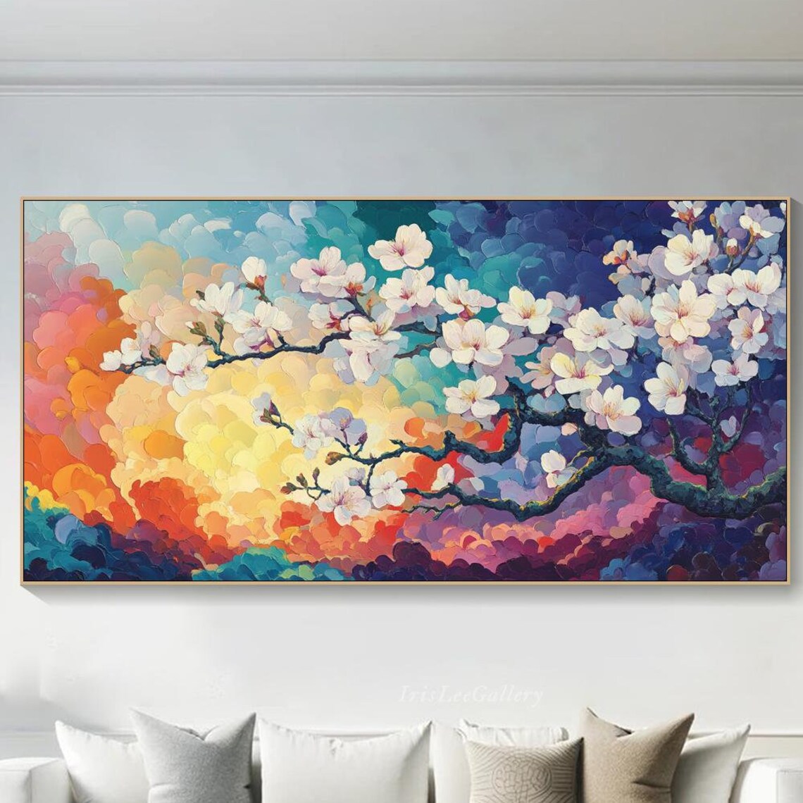Cherry Blossom Branch Rainbow Sky Vibrant Floral Painting Wall Art