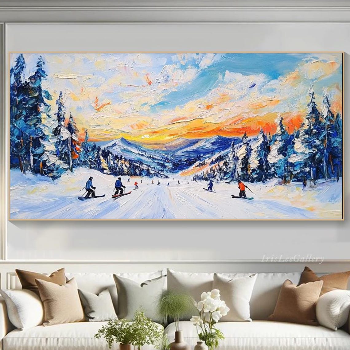 Snowy Mountain Ski Slope Sunset Impasto Action Sports Wall Art - Image 4