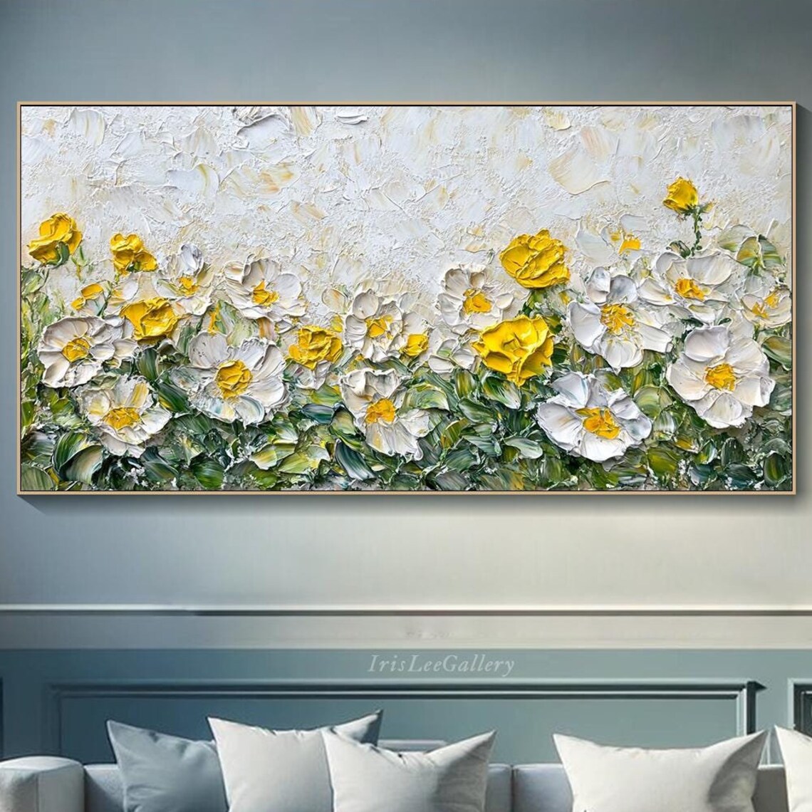 White Yellow Wildflower Bloom Bouquet Impasto Painting Wall Art