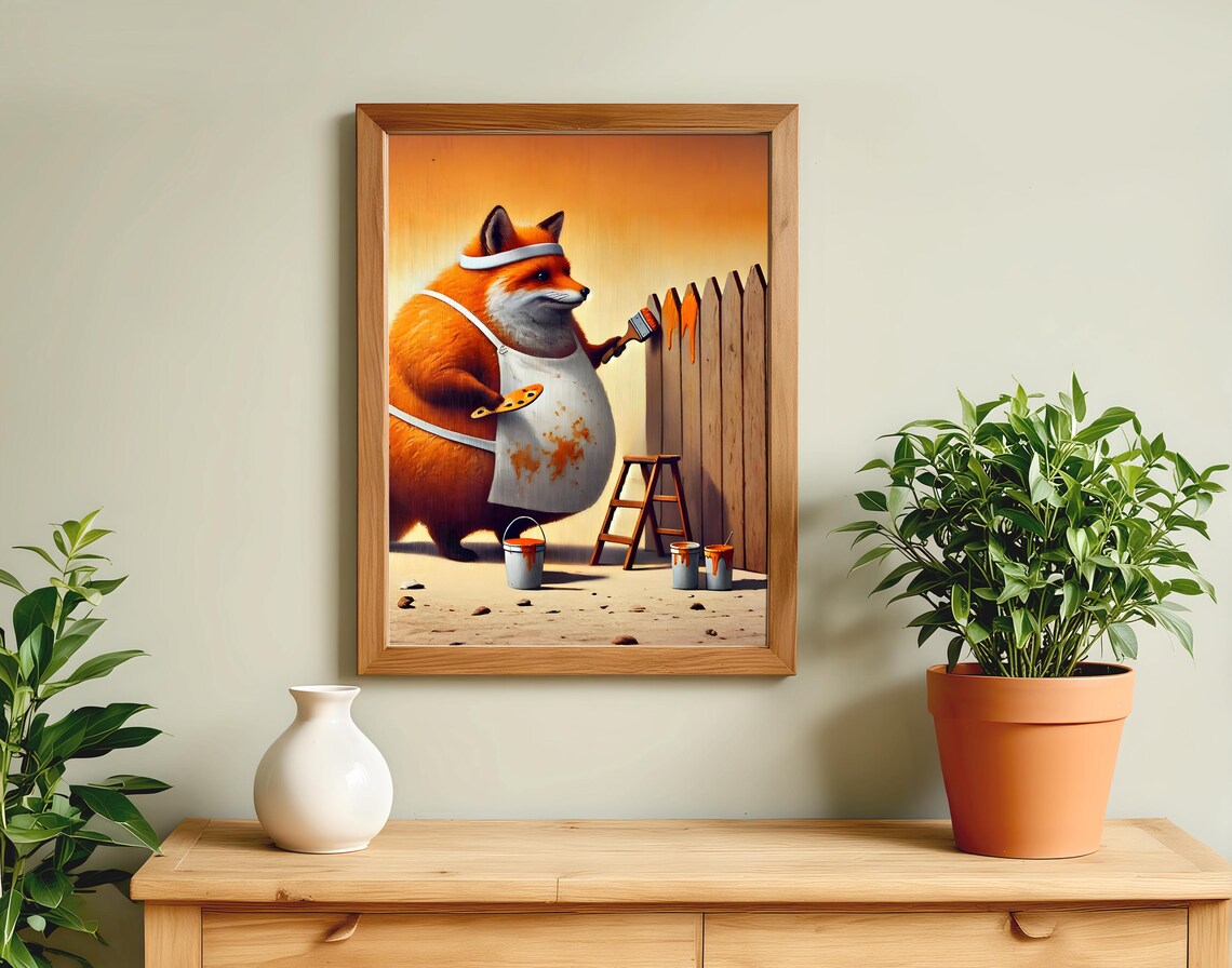 Red Fox Painting Wooden Fence in Artist Apron Funny Animal Poster