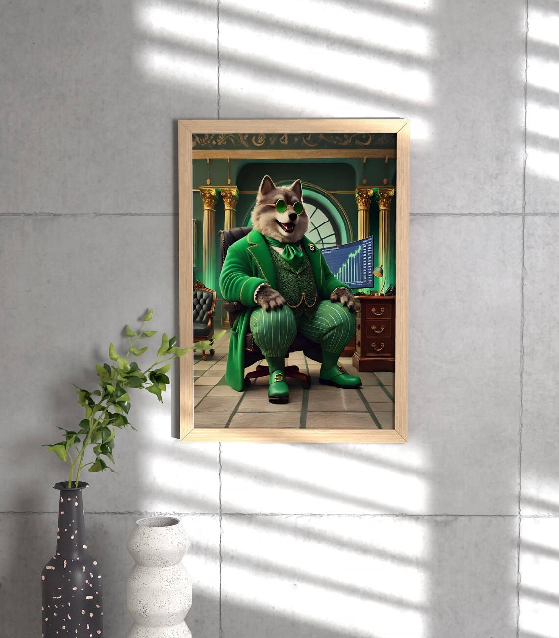 Wolf in Green Suit Trader Four Piece Poster Set for Office Decor - Image 3