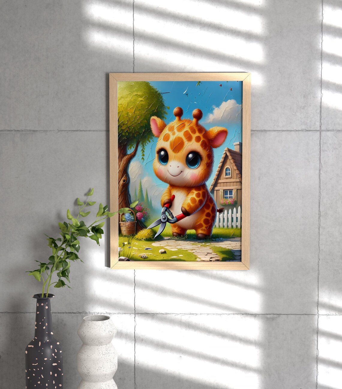 Baby Giraffe Trimming Hedge With Garden Shears Cute Art Poster - Image 3