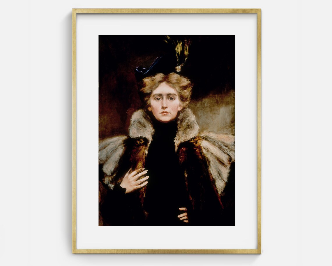 Victorian Lady Feathered Hat Fur Stole Moody Portrait Vintage Art Poster - Image 2