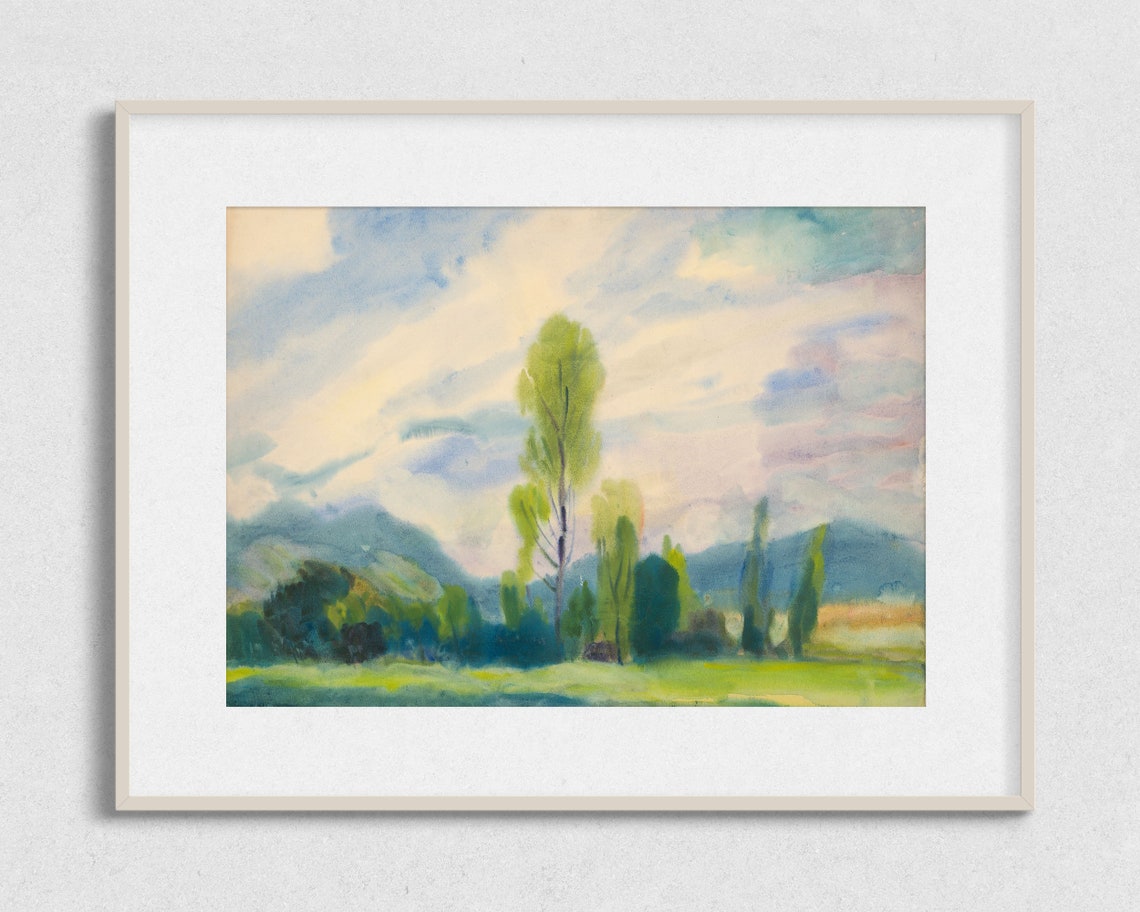 Tall Green Trees Pastel Sky Abstract Watercolor Landscape Poster - Image 2