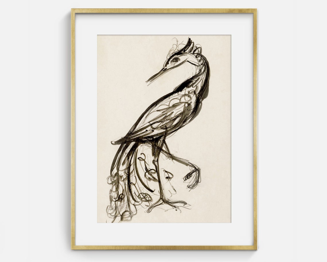Dramatic Ink Heron Bird Study Black Brushstroke Wildlife Art Poster - Image 2