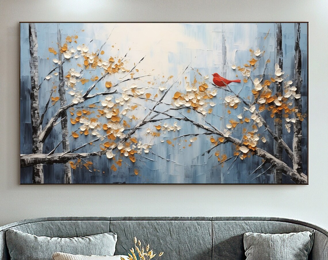 Red Bird Flowering Branches Blue Winter Floral Painting Poster