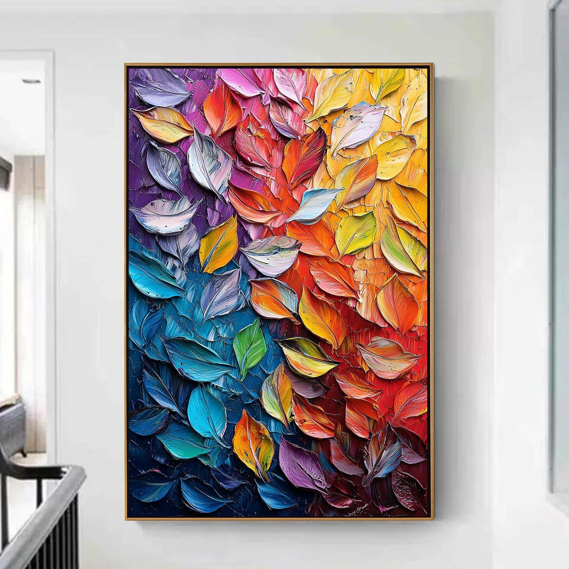 Rainbow Gradient Leaf Mosaic Vertical Abstract Impasto Poster
