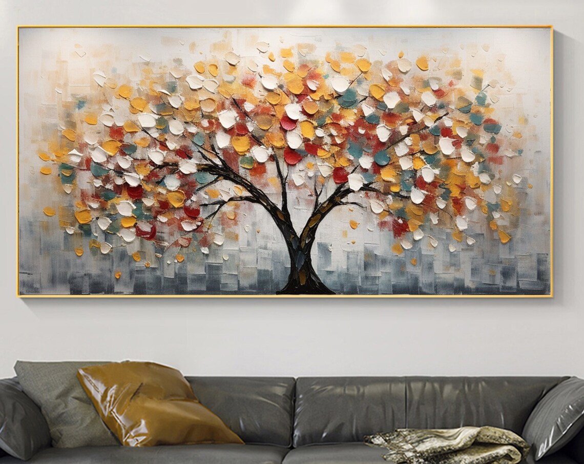 Multicolor Abstract Tree Gold Red Leaves Modern Painting Poster