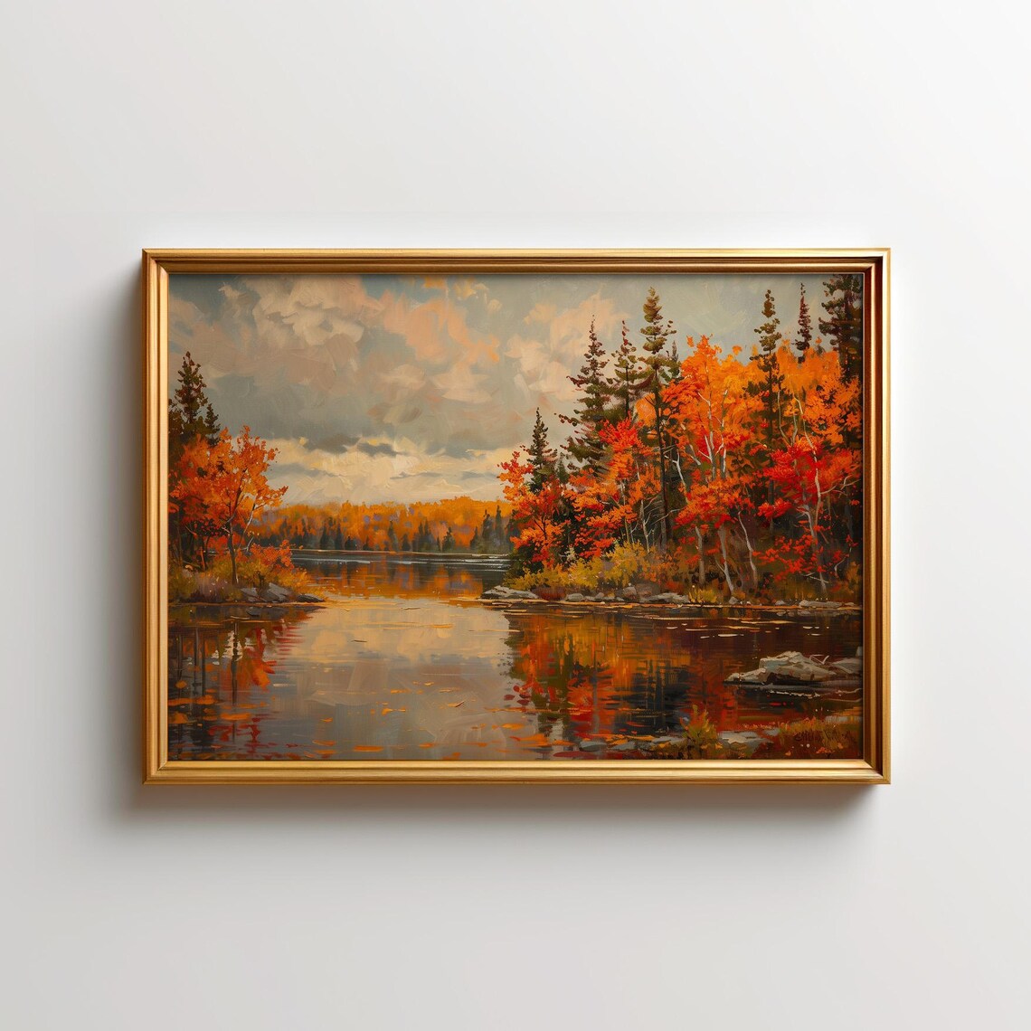 Autumn Fall Foliage Lake Reflection Landscape Oil Painting Poster