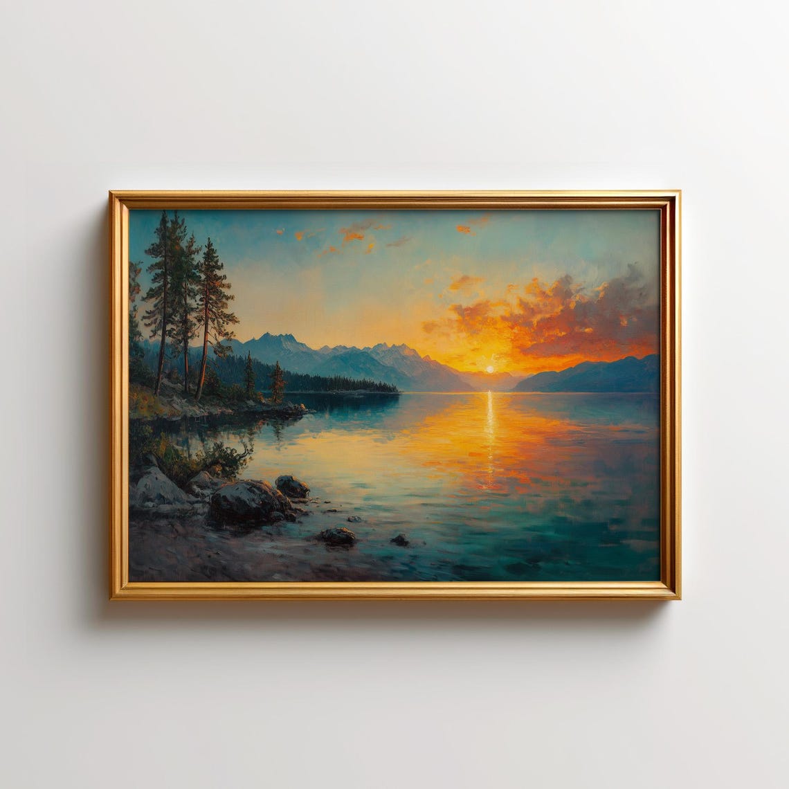 Alpine Lake Sunset Rocky Pine Shore Landscape Painting Wall Art