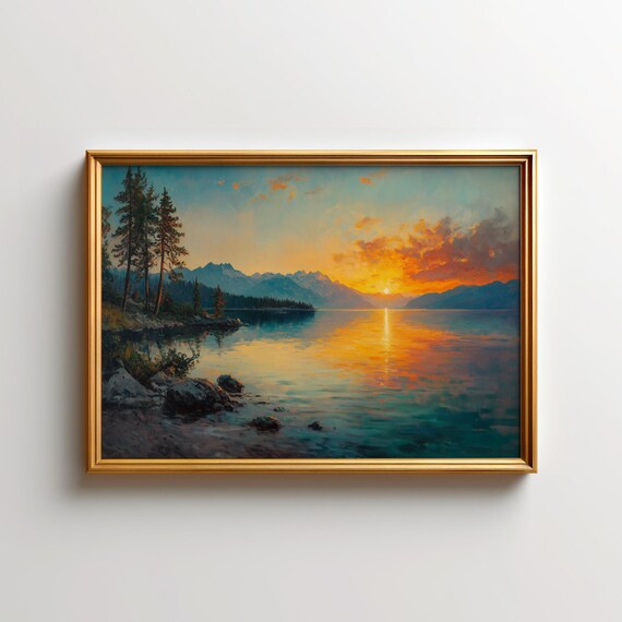 Alpine Lake Sunset Rocky Pine Shore Landscape Painting Wall Art