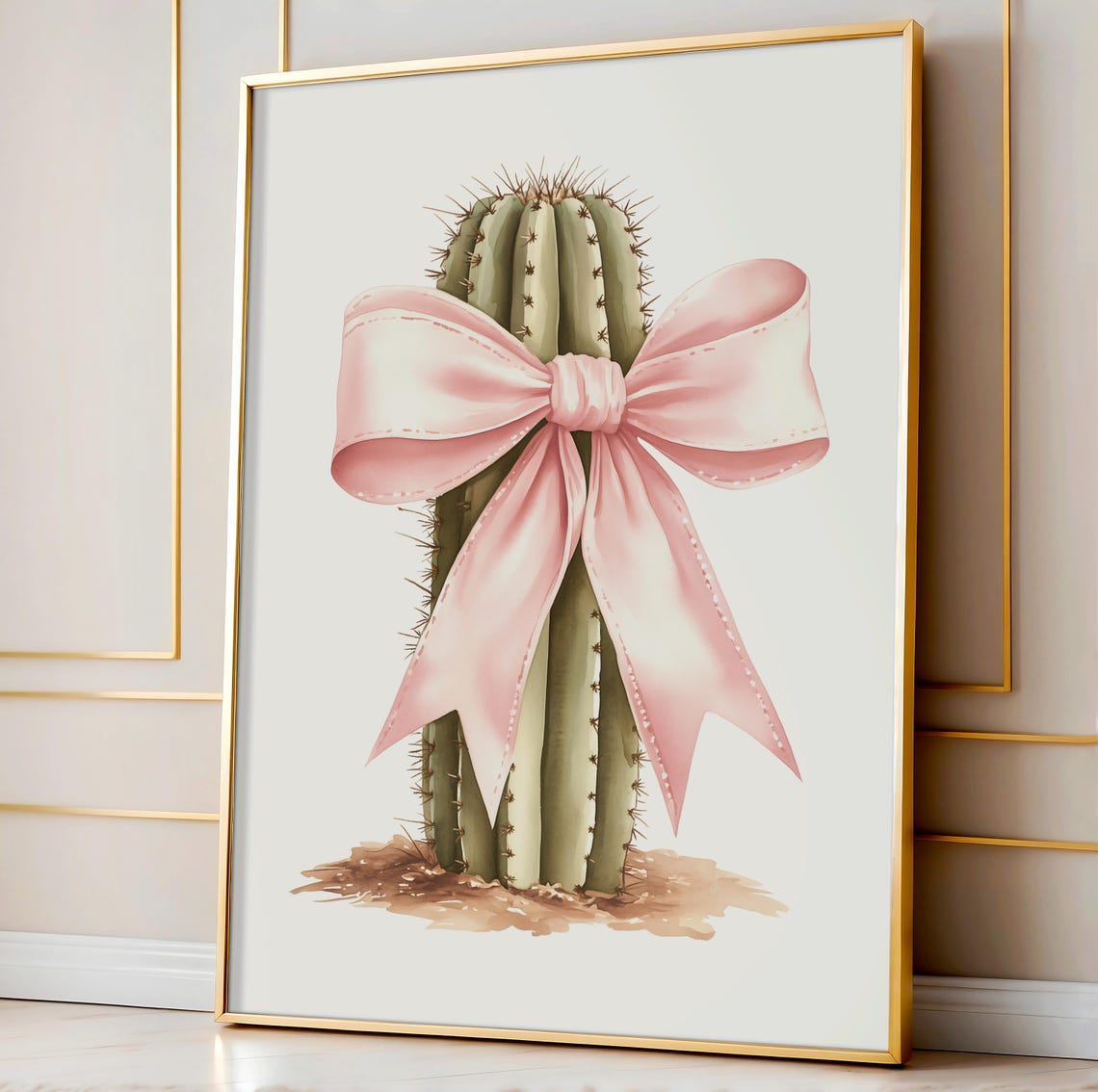 Coquette Green Cactus Pink Satin Bow Watercolor Botanical Poster - Image 2