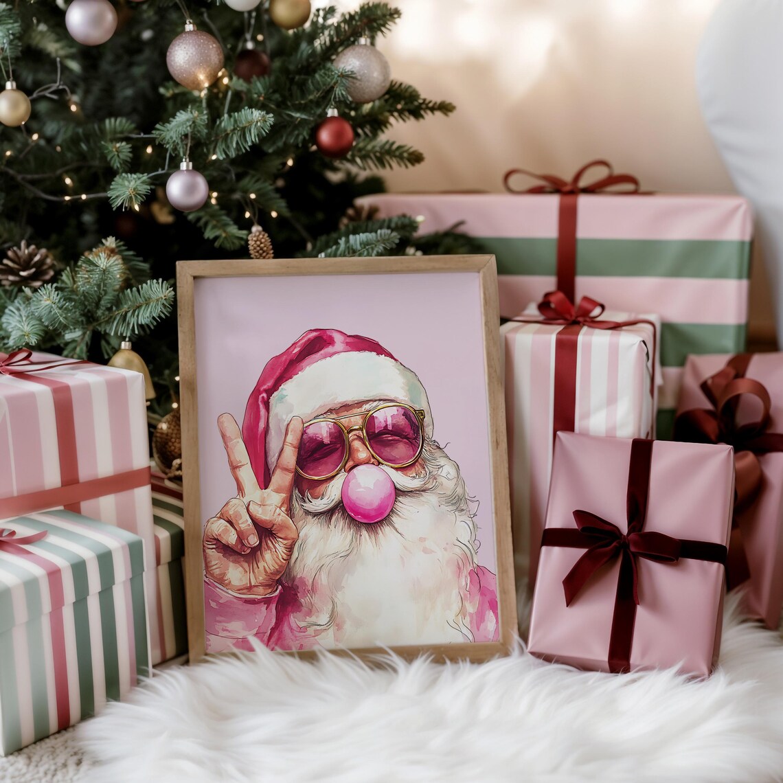 Retro Pink Santa with Sunglasses and Bubblegum Peace Sign Poster - Image 2