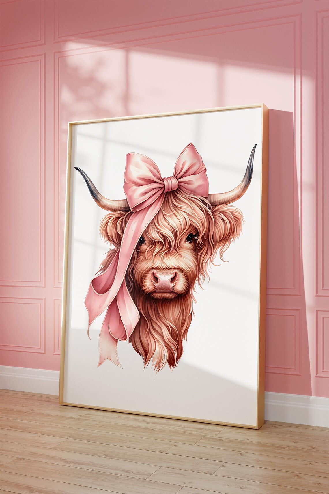 Highland Cow with Pink Bow Cute Coquette Watercolor Art Poster - Image 3