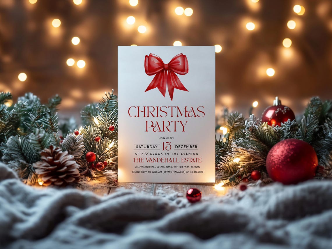 Red Bow Christmas Party Invitation Classic Holiday Event Invite Print - Image 2