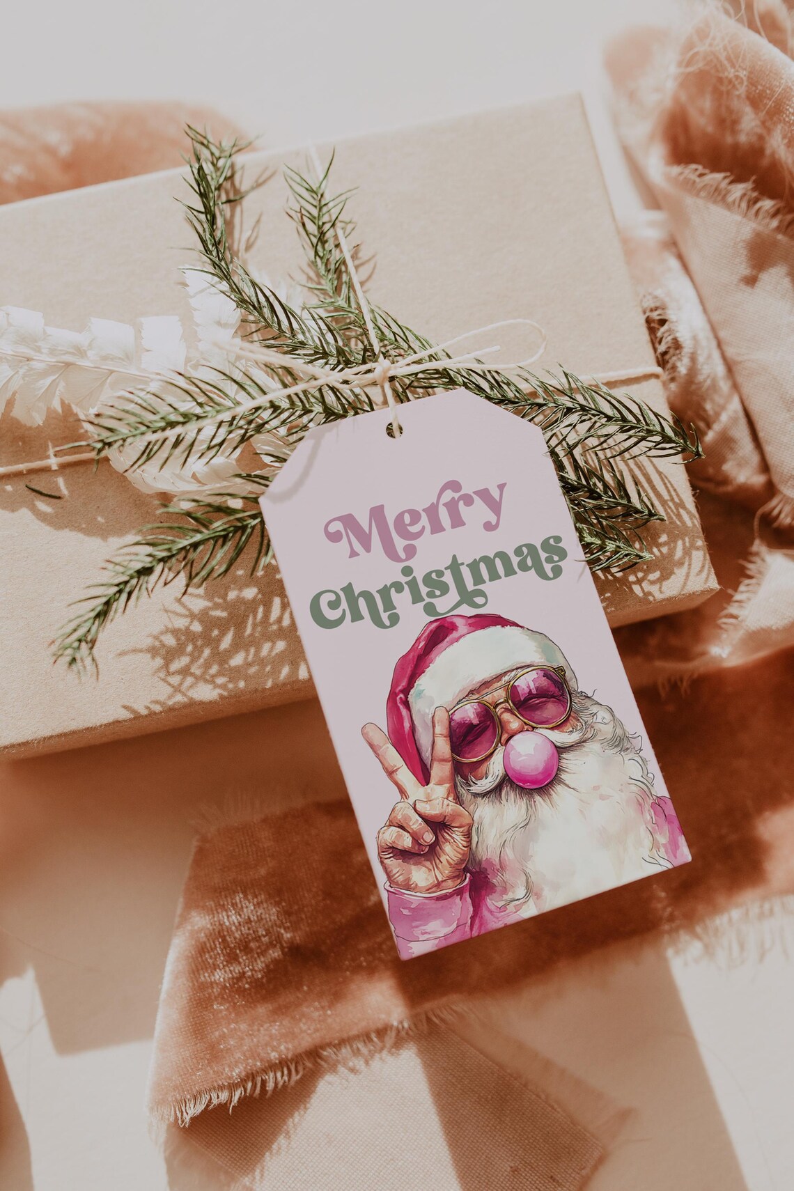 Pink Santa Merry Christmas Retro Gift Tag Holiday Favor Design Print