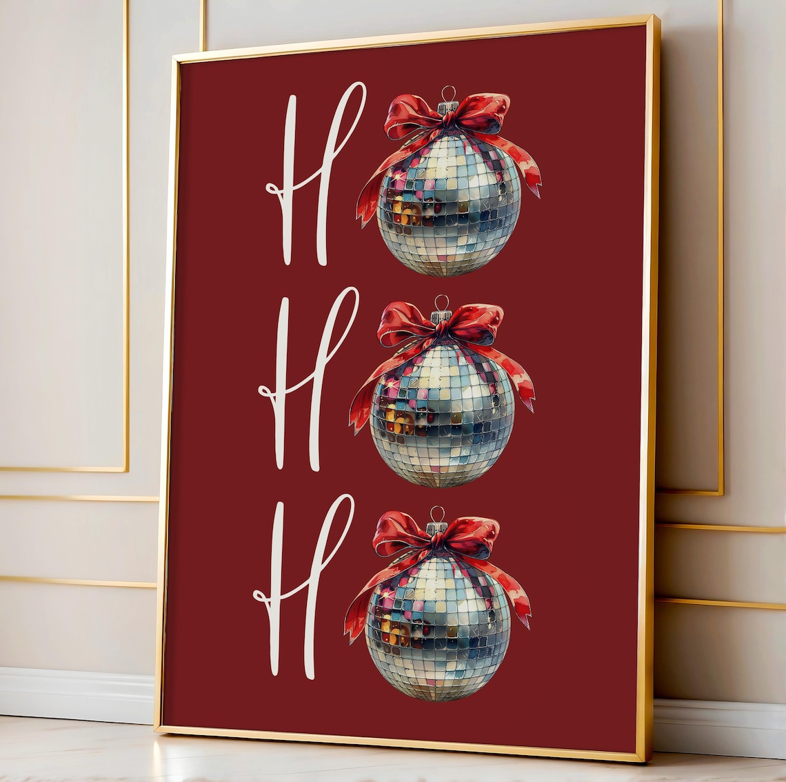 Ho Ho Ho Disco Ball Ornaments Red Bows Burgundy Holiday Script Poster
