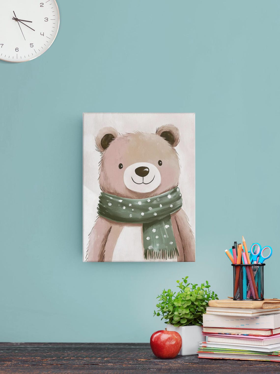 Smiling Brown Bear With Green Polka Dot Winter Scarf Nursery Poster - Image 2