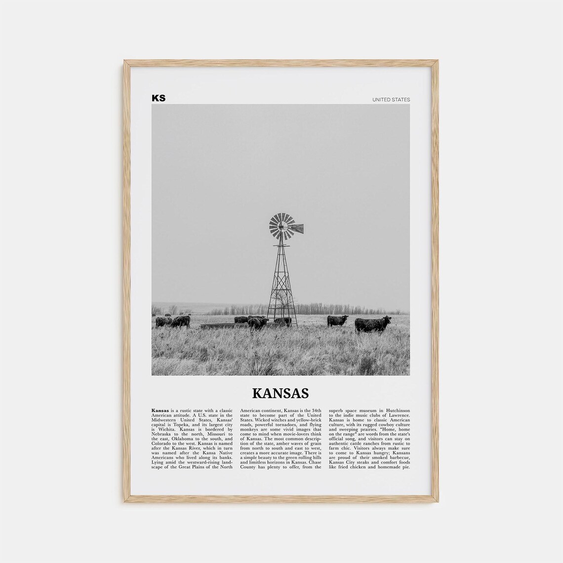 Kansas Black and White Travel Poster, United States