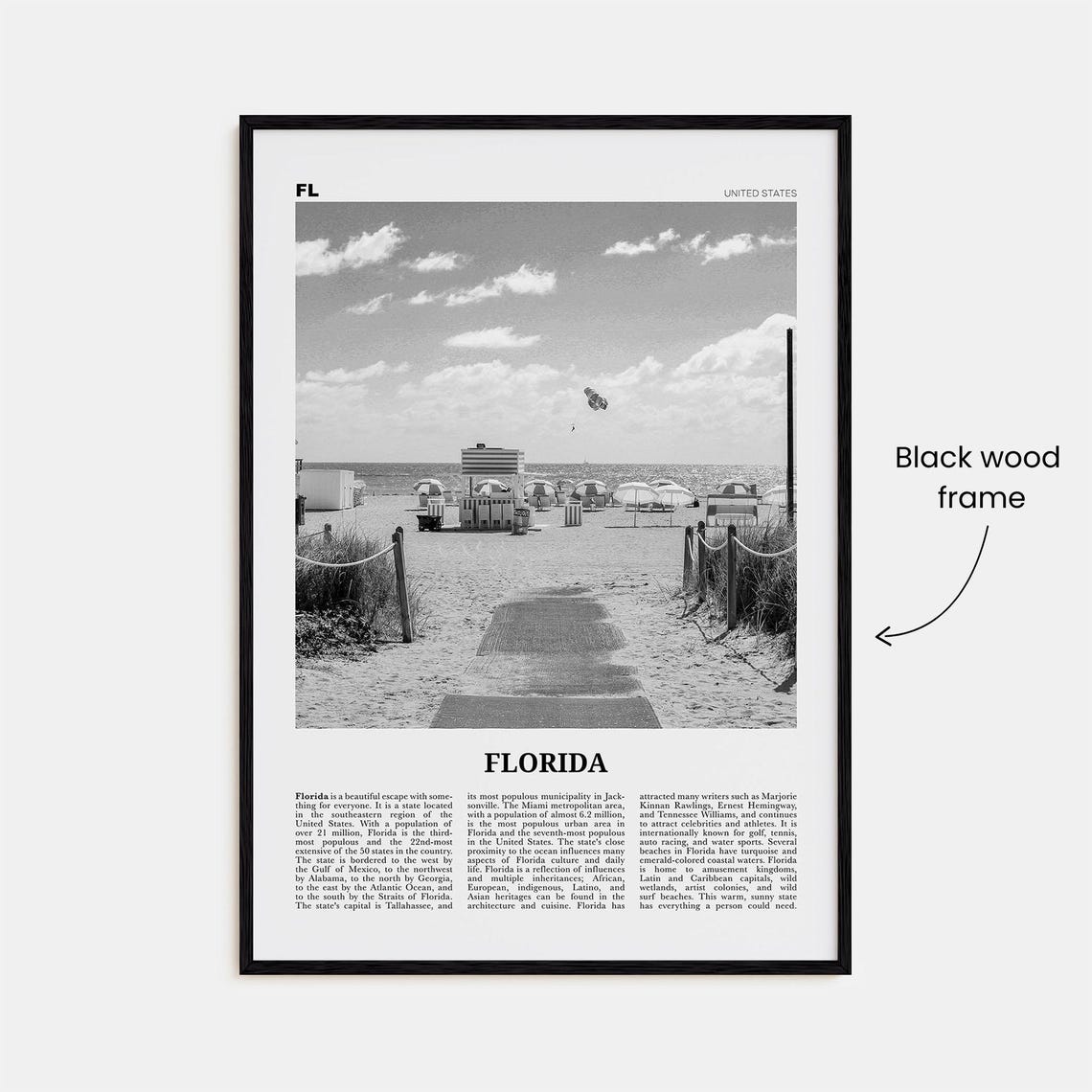 Florida Black and White Travel Poster, USA Art Print - Image 3